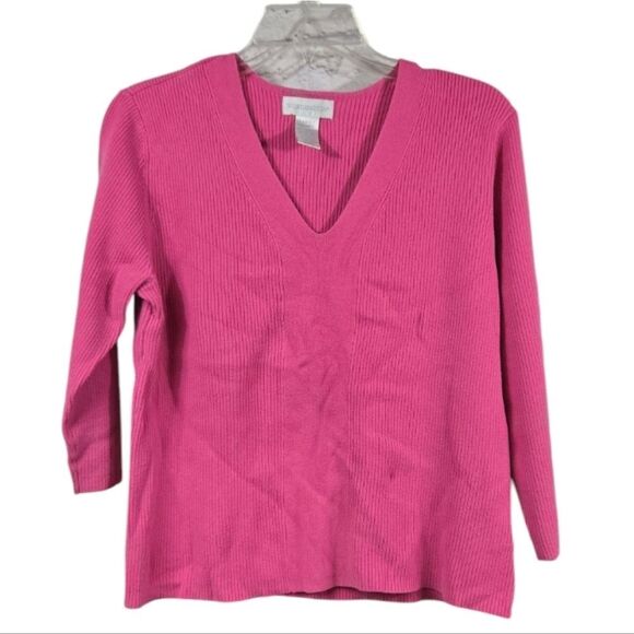 Worthington Hot Pink V-Neck Ribbed Sweater 3/4 Sleeve Pullover Women's L Winter - Picture 4 of 8